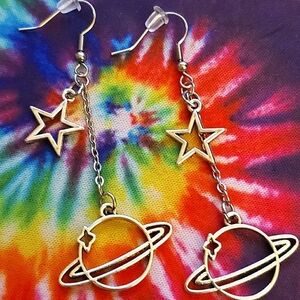 HANDMADE Silver Planet Star Dangle Earrings